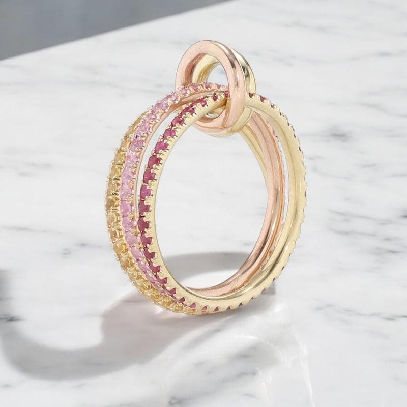 Connected Gold Multi Link Rings, Pink and Yellow Zirconia