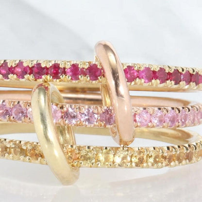 Connected Gold Multi Link Rings, Pink and Yellow Zirconia