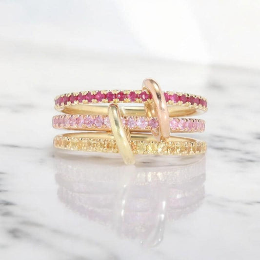 Connected Gold Multi Link Rings, Pink and Yellow Zirconia